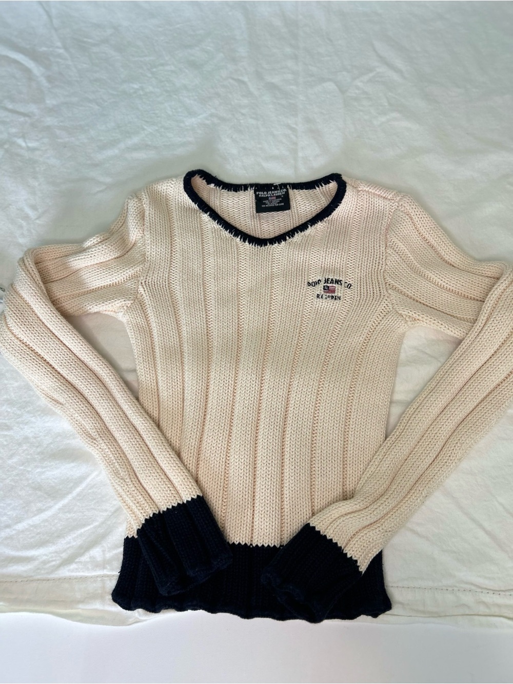 VTG Y2K Polo Jeans Co Ralph Lauren Flag Knit Sweater Cream Navy Blue Trim Small - Picture 4 of 8